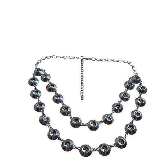 Silvertone Double Strand Necklace Clear Rhinestones Chunky Statement 20-23 inch - Picture 3 of 4